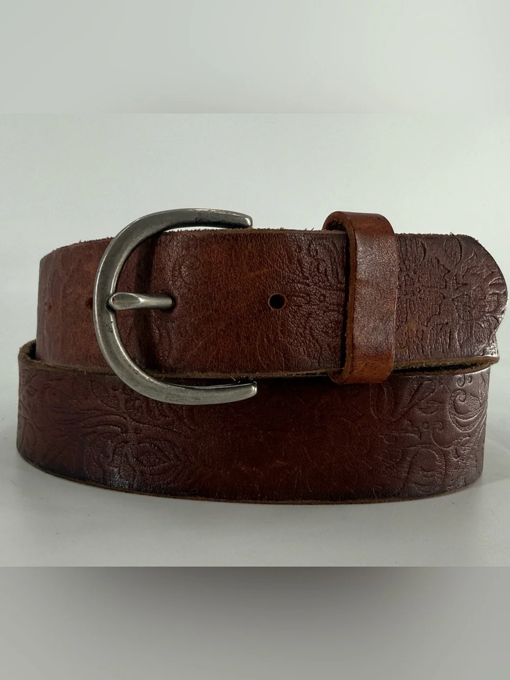 American Eagle Vintage‎ Tooled Boho Bohemian Floral Brown Leather Belt M/L